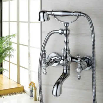 

HAIP Chrome Brass Polished Wall Mounted Bathroom Bathtub Mixer Tap Faucet Dual Handles Hand Rain Shower Head Faucet Shower Set