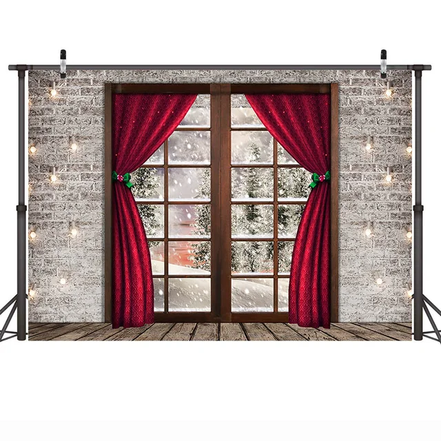 Christmas Window Backdrop Winter Snow Wonderland Birthday Portrait Background Curtain Wreath Christmas Tree Photography Props style-15