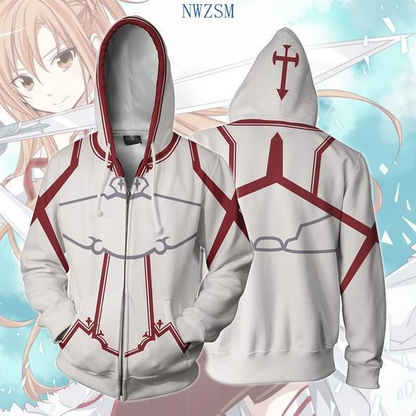 SAO Sword Art Online Kirito Asuna Cosplay Costume Zip Up 3D Hoodies Long  Sleeve Men Anime