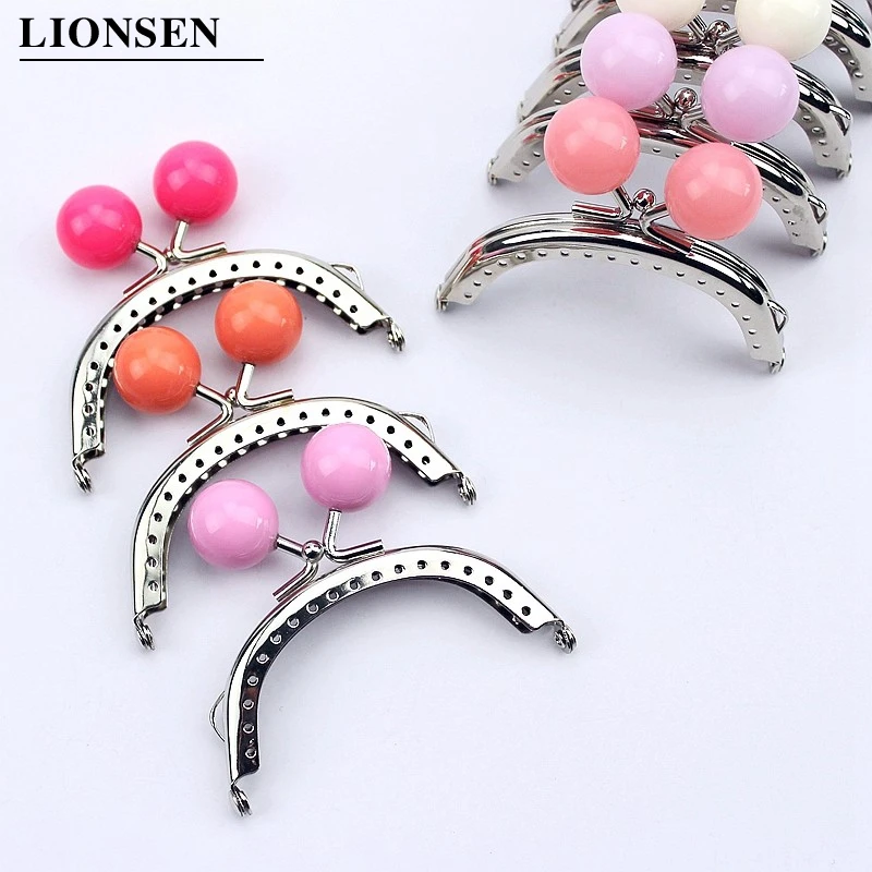 LIONSEN 8cm Candy beads Silver Metal Purse Frame Handle for Clutch Bag Handbag Accessories Making Kiss Clasp Lock 18 colors