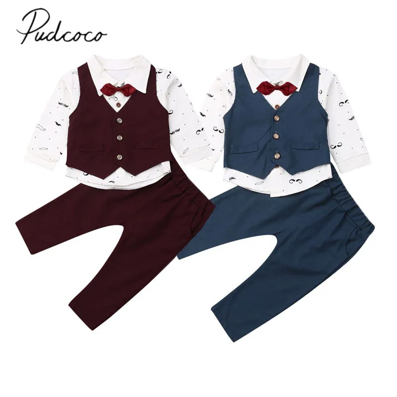 

2019 Baby Spring Autumn Clothing 4pcs Kid Baby Boy Waistcoat+Bow Tie+Shirt+Pants Outfit Formal Clothes Gentleman Suit Set 6M-5Y