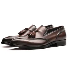 New Genuine Leather Men Formal Shoe With Tassel Pointed Toe Wedding Party Black Brown Footwear Men's Flat Dress Shoes