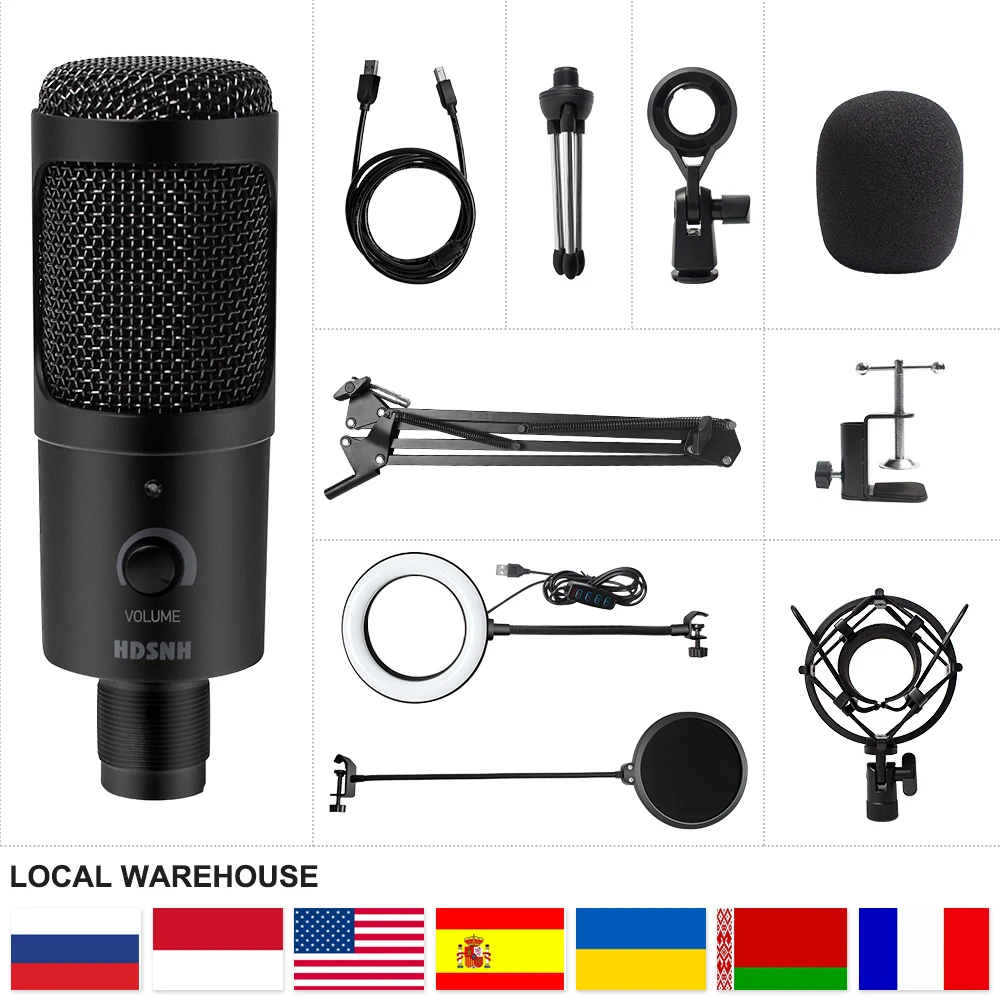 Microfone de Gravação com Suporte e Anel de Luz para pc Podcasting para Youtube Microfone Condensador Karaoke Streaming Usb D80 - Image 2