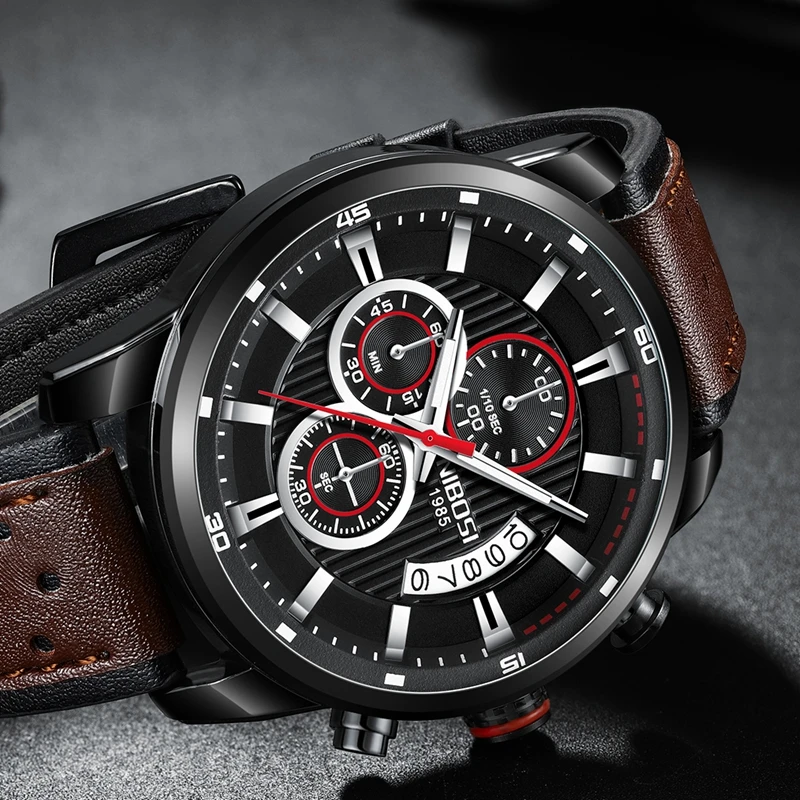 Günstige NIBOSI Top Marke Luxus Chronograph Quarz Uhr Männer Sport Uhren Militär Armee Leder Armbanduhr Uhr Relogio Masculino