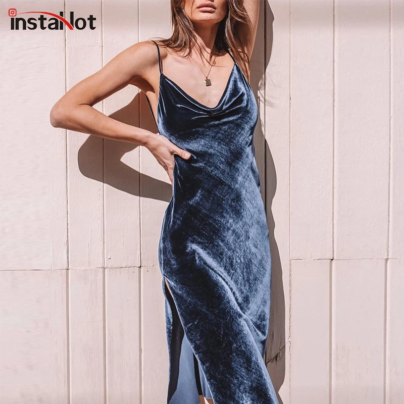 

InstaPot Spaghetti Strap Velvet Elegant Midi Dress Backless Slit Hem Party Evening Casual Women Sleeveless Sexy Christmas Dress