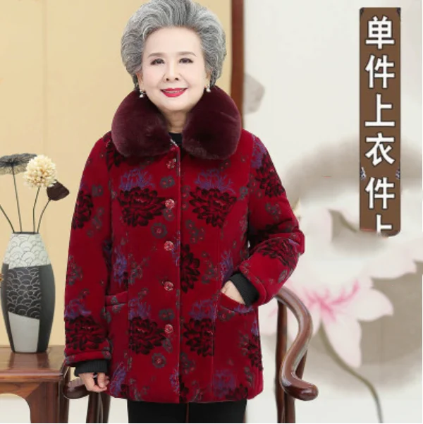 Red big flower Хлопковое пальто для бабушек на осень и зиму, бархатная Толстая парка, куртка для женщин, одежда для пожилых женщин, зимнее пальто с меховым воротником, 5XL - Цвет: Red big flower