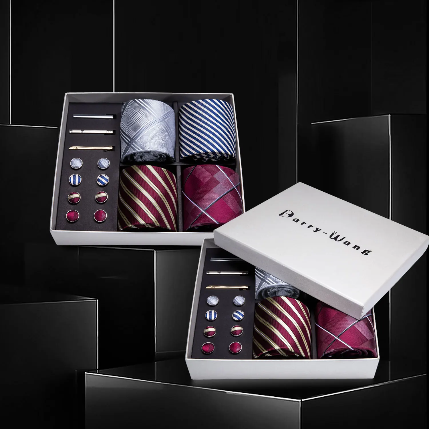 

Men Ties Red Sliver Striped Silk Men Wedding Necktie Handkerchief Gift Box Set Male 4pcs Ties For Men Gift Barry.Wang BB4-06