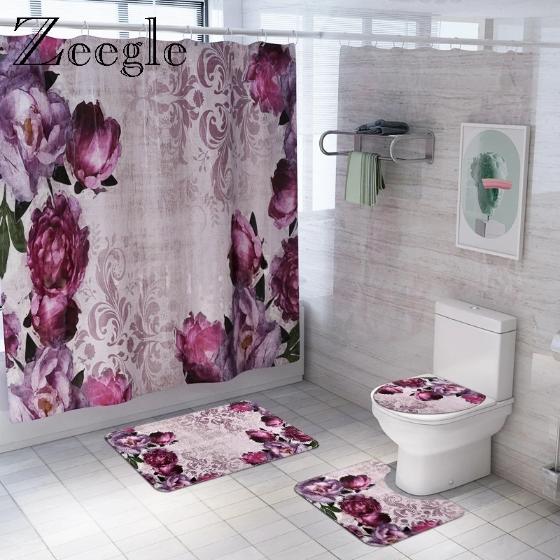 Zeegle Floral Printed Bath Carpet Bathroom Curtain Shower Mat Anti Slip Bath Carpet for Bathroom Flannel Ployester Cover Toilet