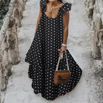 

Plus Size ZANZEA Summer Pleated Dress Fashion Women Sexy Sleeveless Polka Dot Party Ruffles Maxi Long Sundress Vestidos Robe