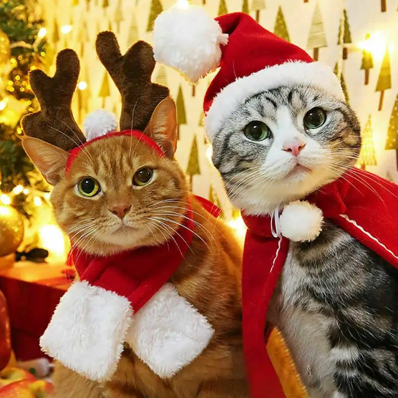 Милая Одежда для питомцев, кошек, Санты, Красная шапка, шарф, плащ, обруч на голову, костюмы, Рождественский косплей, набор, котенок, щенок, теплая одежда, аксессуары