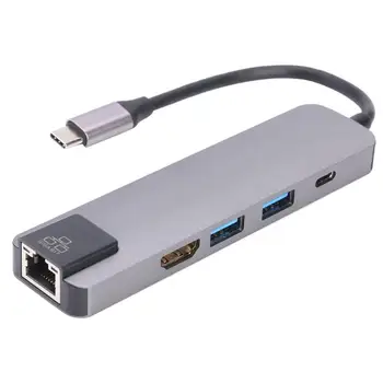 

Durable Type-C HUB Multi-function 5 in 1 Type-C HUB USB-C to 4K HDMI RJ45 USB3.0 Type-C Adapter Cable for Laptop