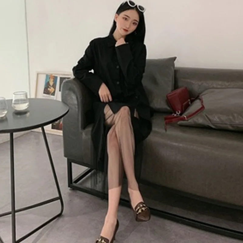 2020 Spring Summer Asymmetry Blouse Dress Women Korean Plus Size Mesh Stitching Split Long Sleeves Shirt Dresses Cardigan Female