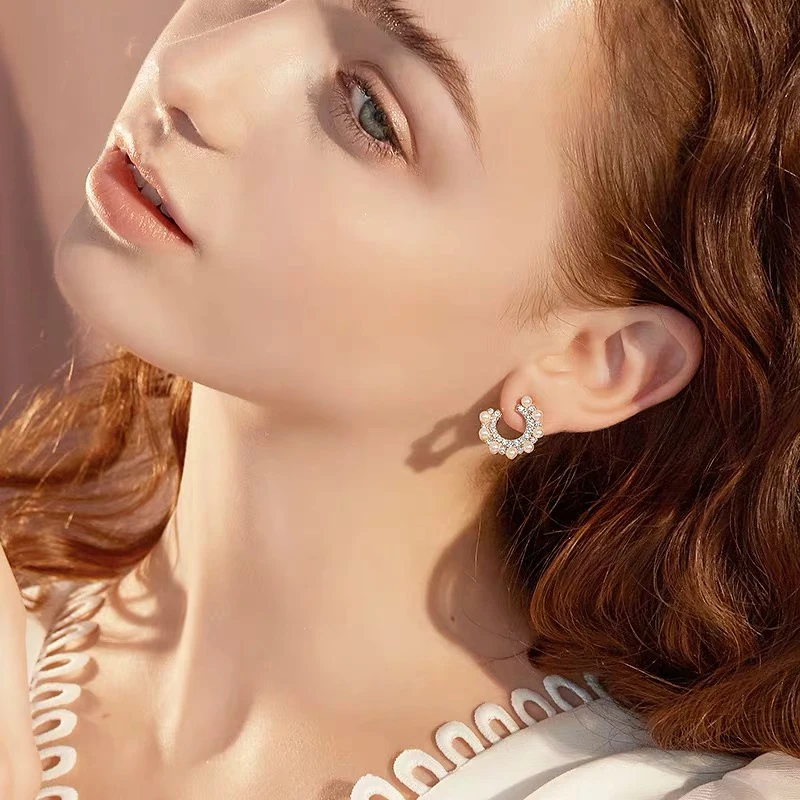 

Yhpup Trendy Elegant Exquisite Geometric Stud Earrings Imitation Pearls Statement Earrings S925 Silver for Bride Wedding Jewelry