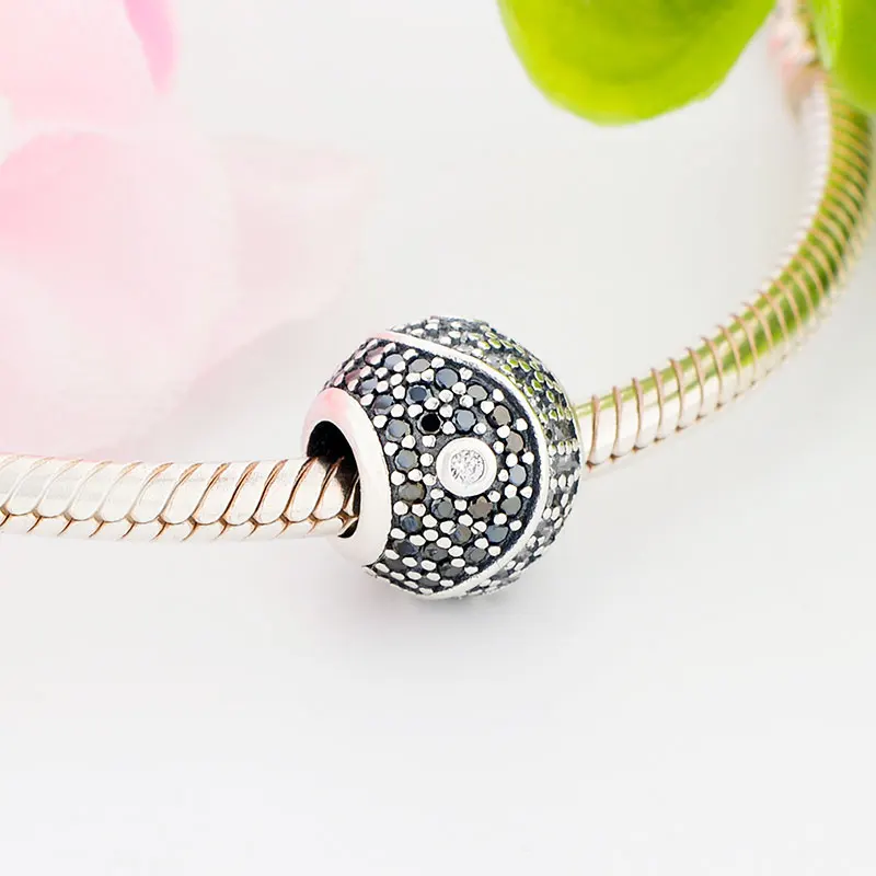 Браслет Pandora Charms из стерлингового серебра 925 пробы Инь Ян с большим отверстием, хрустальные бусины, украшения со стразами для женщин, DIY ювелирные изделия