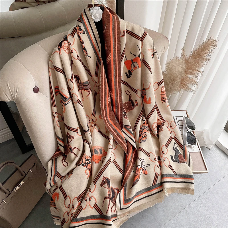 Winter Warm Women Scarf Luxury Print Horse Thick Cashmere Hijab Shawl Wrap Pashmina Foulard Bufanda Blanket Tassel Echarpe 2021 |