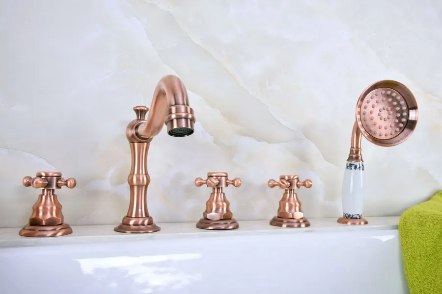 

Antique Red Copper Five Hole Deck Mounted Bathroom Tub Faucet Set with 150CM Handheld Spray Shower Mixer Tap 2tf221