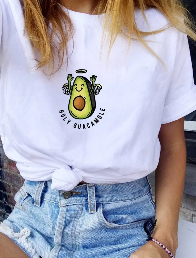 

Graphic Women Summer T-shirt 2019 Harajuku Kawaii Avocado Vegan Tshirt Tumblr Angel Avocado Casual Tops Holy Guacamole Tees