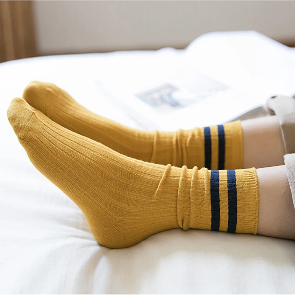 Harajuku Socks New Style Women Solid Color Cotton Causal Winter Warm Striped Vintage Socks Chaussette Femme