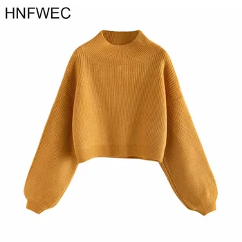 

High-waisted short half-turtleneck pullover short style sweater female 2020 New loose lantern sleeve kintted tops K294