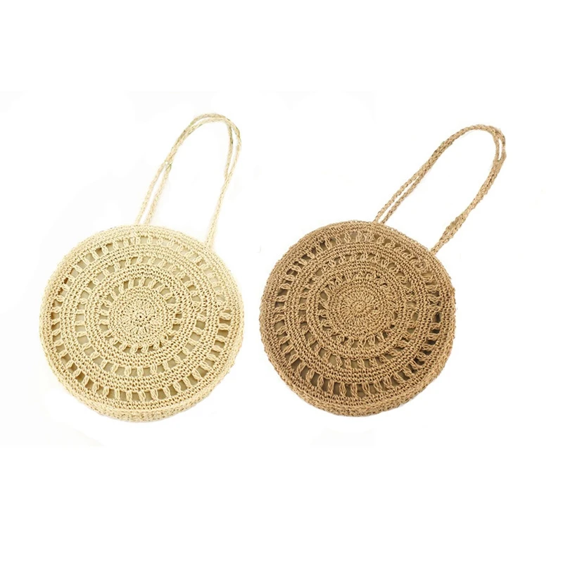 

ABZC-2 Pcs Round Handmade Women'S Handbag Bohemia Circular Straw Bag Casual Female Shoulder Bags Summer Hollow Out Beach Bag, Kh