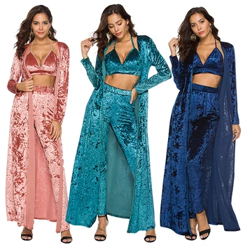 

Women Velvet 3 Piece Set Spaghetti Strap Crop Top Halter High Waist Pant Long Sleeve Cardigan Cape Suits Spring 3pcs Streetwear