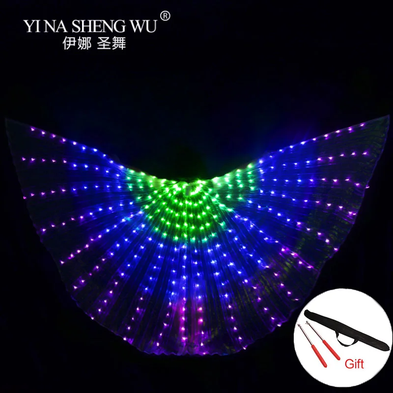 LED Belly Dance Isis Wings with Adjustable Stick Stage Performance Props Unisex Shining Rainbow LED Dance Wings 300pcs LED Beads