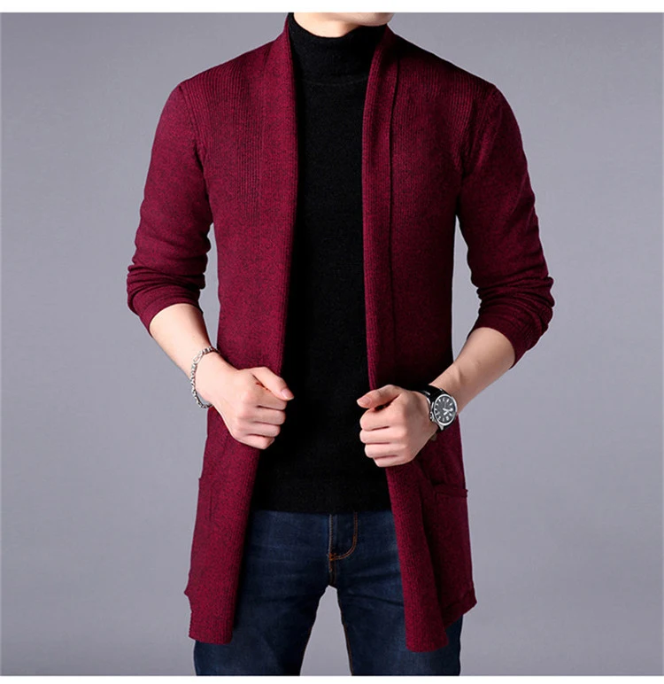 Men Long Style Cardigan Sweater New Fashion Spring and Autumn X-long Knit Sweater Jackets Solid Color Sweatercoat