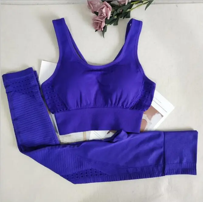 YS05 pueple set Комплект из 2 предметов для йоги, Женский энергетический бесшовный спортивный бюстгальтер, топ для тренировок, мягкий бюстгальтер пуш-ап для йоги с леггинсами для спортзала, костюмы для фитнеса, комплект для тренировок - Цвет: YS05 pueple set
