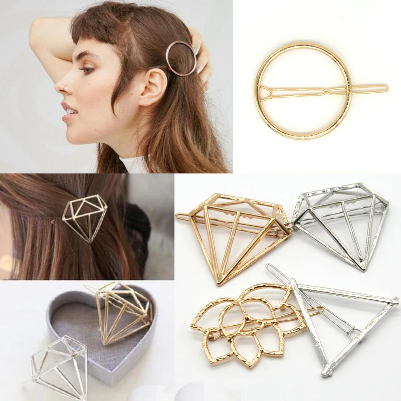 

Fashion Women's Girls Bridal Gold Hair Clips Hollow Geometric Metal Hairpin Slide Grips