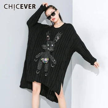 

CHICEVER Korean Patchwork Cartoon Women Dresses O Neck Long Sleeve Oversize Loose Asymmetric Dress Female 2020 Spring Clothes