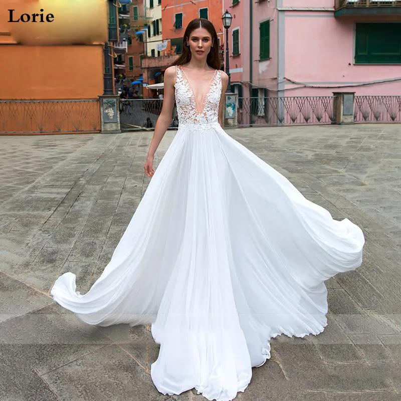 

LORIE Beach Wedding Dress 2019 V Neck A-Line Chiffon Appliques Lace Princess Bride Dress Arabic Wedding Gown Free Shipping
