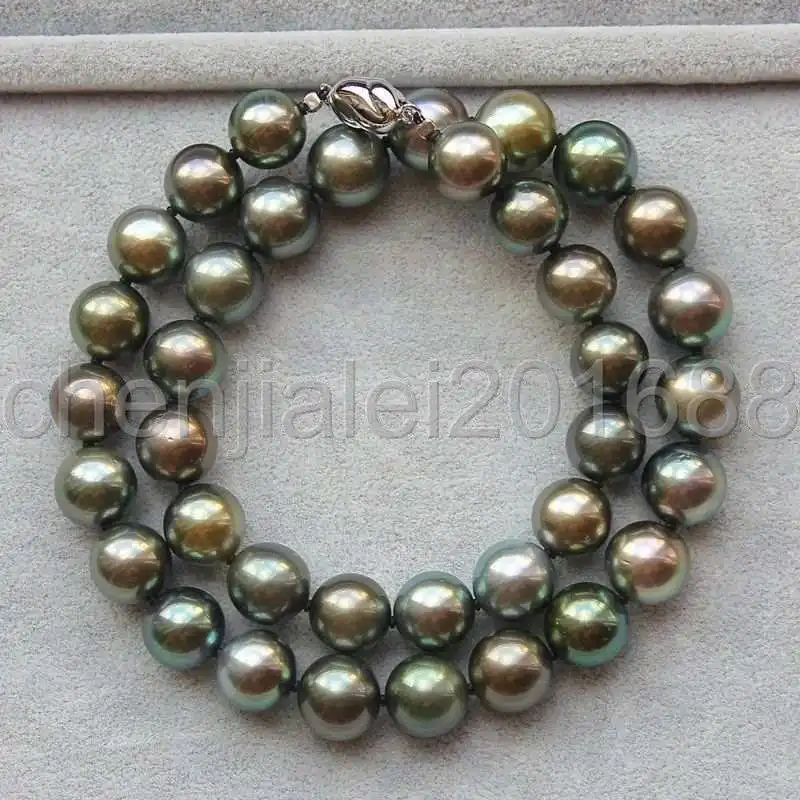 

elegant 10-11mm tahitian round black green pearl necklace 18inch 925s