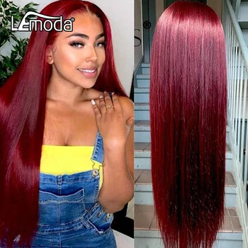 

14-24inch Red 99J Lace Front Wig Ombre Straight Human Hair Wigs 13X4 Pre Plucked Lemoda Hair Wig 150% Density Remy