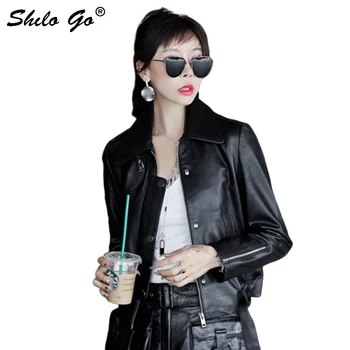 

Genuine Leather Jacket Casual Peter Pan Collar Button Front Sheepskin Coat Women Autumn Casual Buckle Belted Outwear Female