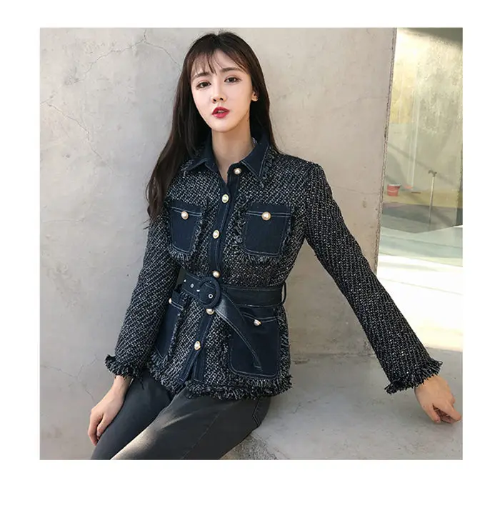Beading Design Coat Women Autumn Fashion Denim Patchwork Lady New Multi Pocket Tassel Tweed Jacket Belted Runway Outwear f1534