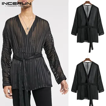 

INCERUN Sexy Men Mesh Shirt Deep V Neck Long Sleeve Solid Transparent Tops With Belt Streetwear Party Nightclub Shirts Men 2020