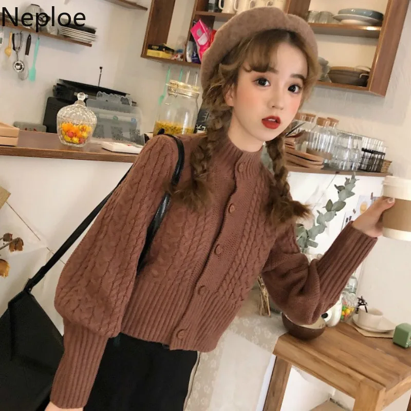 

Neploe Korean Slim Fit Retro Short Girls Cardigans Temperament Lantern Sleeve Fairy Sweaters Autumn New Skinny Open Stitch 45675