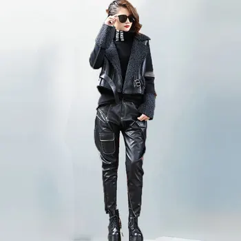 

2019 Autumn Winter New Fur Integrated Thick Motorcycle Jacket Coat Two Piece Set Women Leather Pant Casual 2 Piece Set Women 340