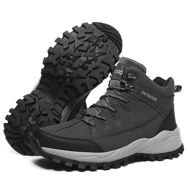 Large Size Ankle Boots Men Winter Outdoor Warm Fur Non Slip Snow Shoes Black Sneakers Fashion Footwear Cowboy Boots Lace Up Work grey