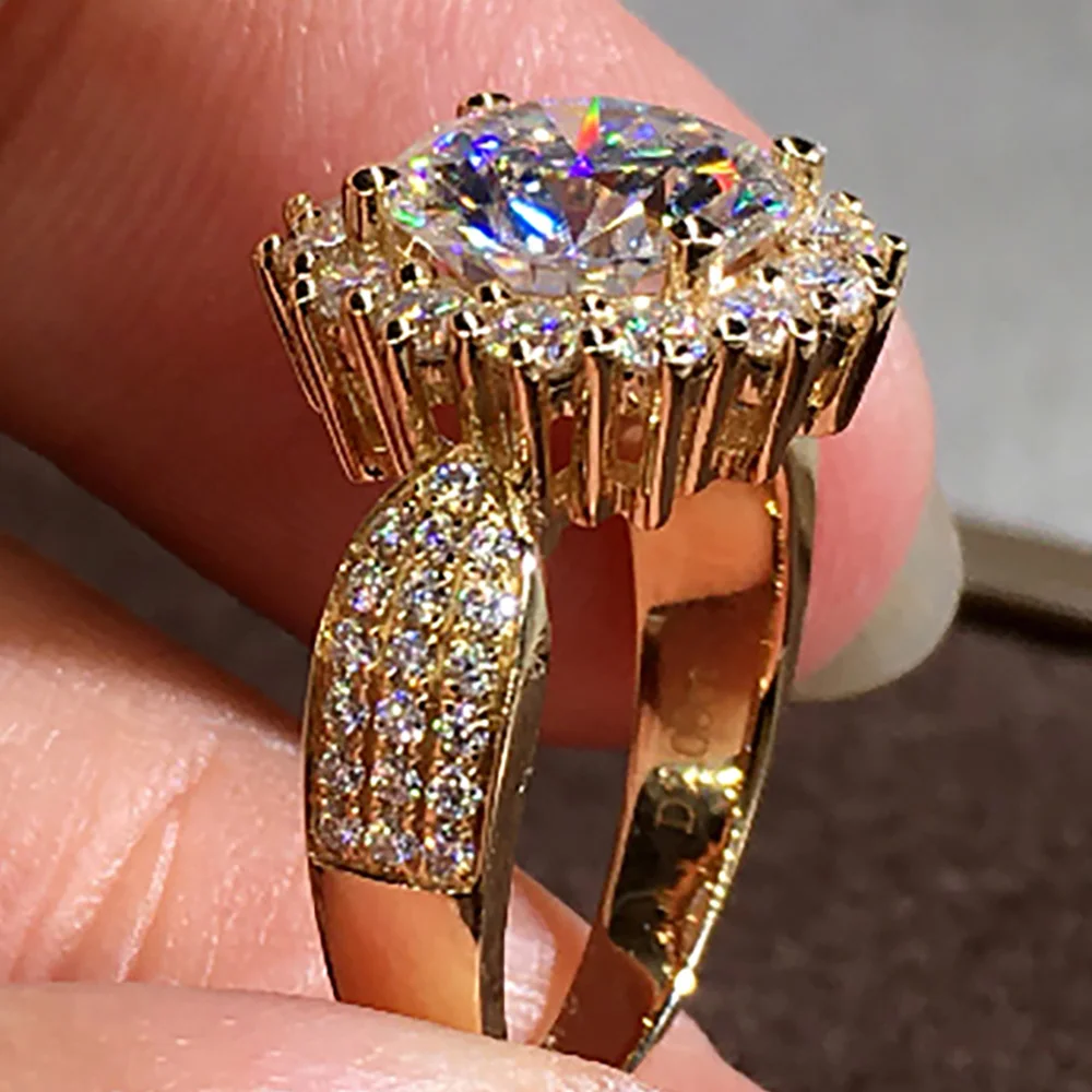 

Custom Solid 14K Yellow Gold Women Wedding Party Engagement Ring 1 2 3 4 5 Carat Round 3 Rows Moissanite Diamond Ring Sunflower