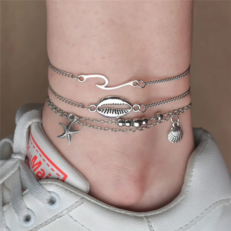 

VAGZEB 4pcs/set Silver Color Metal Beads Shell Surf Starfish Boho Beach Anklets For Women Bohemia Fashion Summer Jewelry