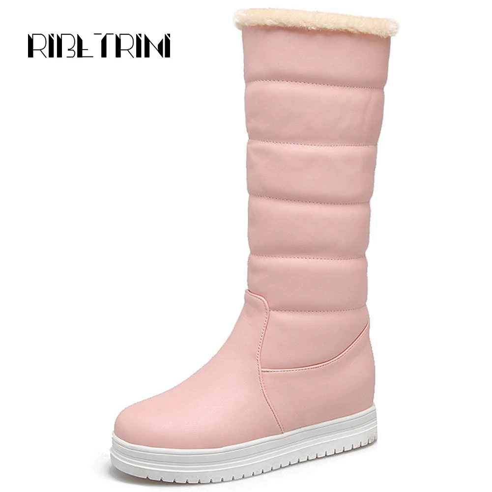 

RIBETRINI Mid Calf Boots Women Designer Hidden Low Wedge Heels Winter Fur Shoes Woman Round Toe Platform Outdoor Snow Boots