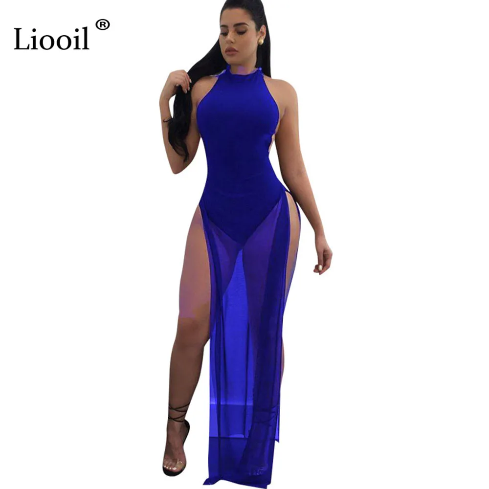

Liooil 2018 Sexy Club See Through Mesh Tank Maxi Dress Women Off Shoulder Sleeveless Backless Hollow Out Party Split Dresses