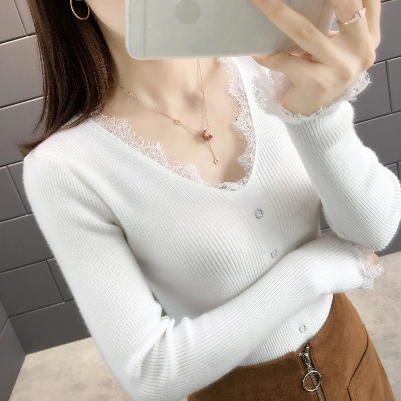 

Korean Style Women's Trui Sueter Mujer Invierno 2019 New V -neck Lace Button Depth Point Truien Slim Truien for Women Sueter
