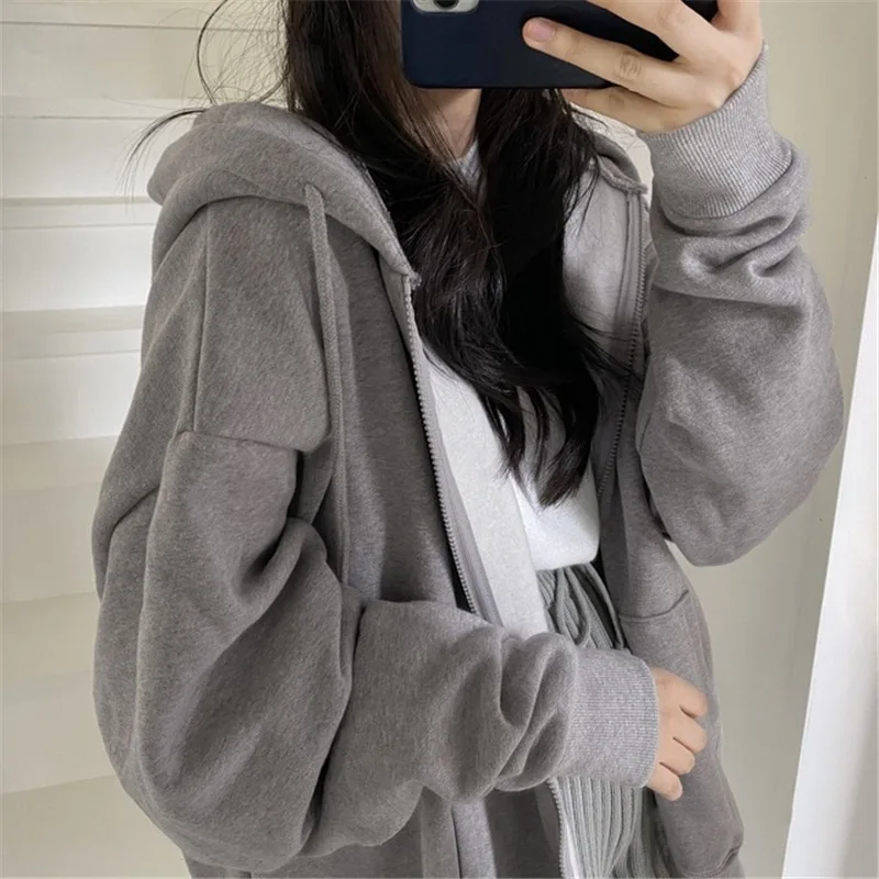 Women Hoodie Harajuku Korean Version Loose Oversized Sweatshirts Solid Color Long-sleeved Hooded Sweatshirt Student Girl Top