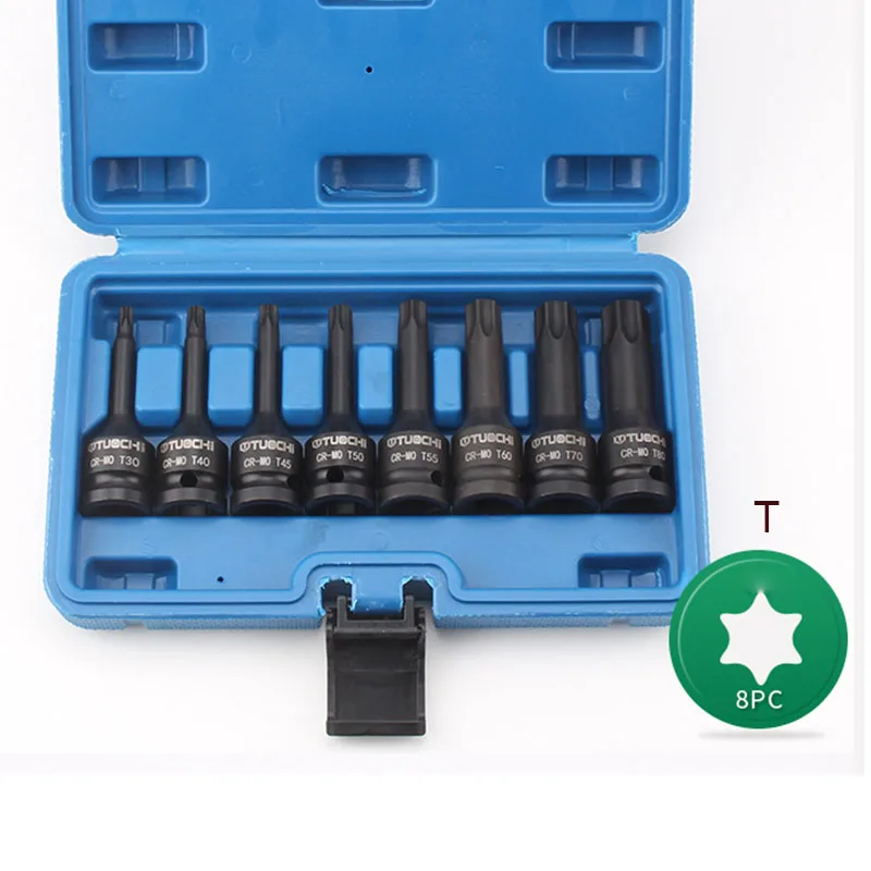 T 1/2" Dr Torx Driver Impact Socket Set CR-MO MP/M/T/H Metric 8PCS Torx Bit Star Socket for Manual Pneumatic Wrench With Case - Цвет: T