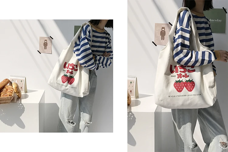 Клубника йогурт иллюстрация Bolsa Feminina Холщовая Сумка Женская Толстая большая емкость Bolsos Mujer Студенческая сумка на плечо Modis