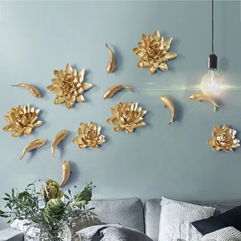 

Chinese Lotus Fish 3D Mural Modern Minimalist TV Sofa Background Wall Decoration Home Wedding Soft Decor Resin Crafts