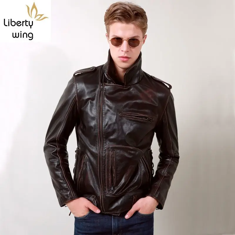 

New Autumn Motorycycle Cow Genuine Men Slim Turn-dowm Collar Zipper Lace Up Vintage Moto Real Leather Jacket Male