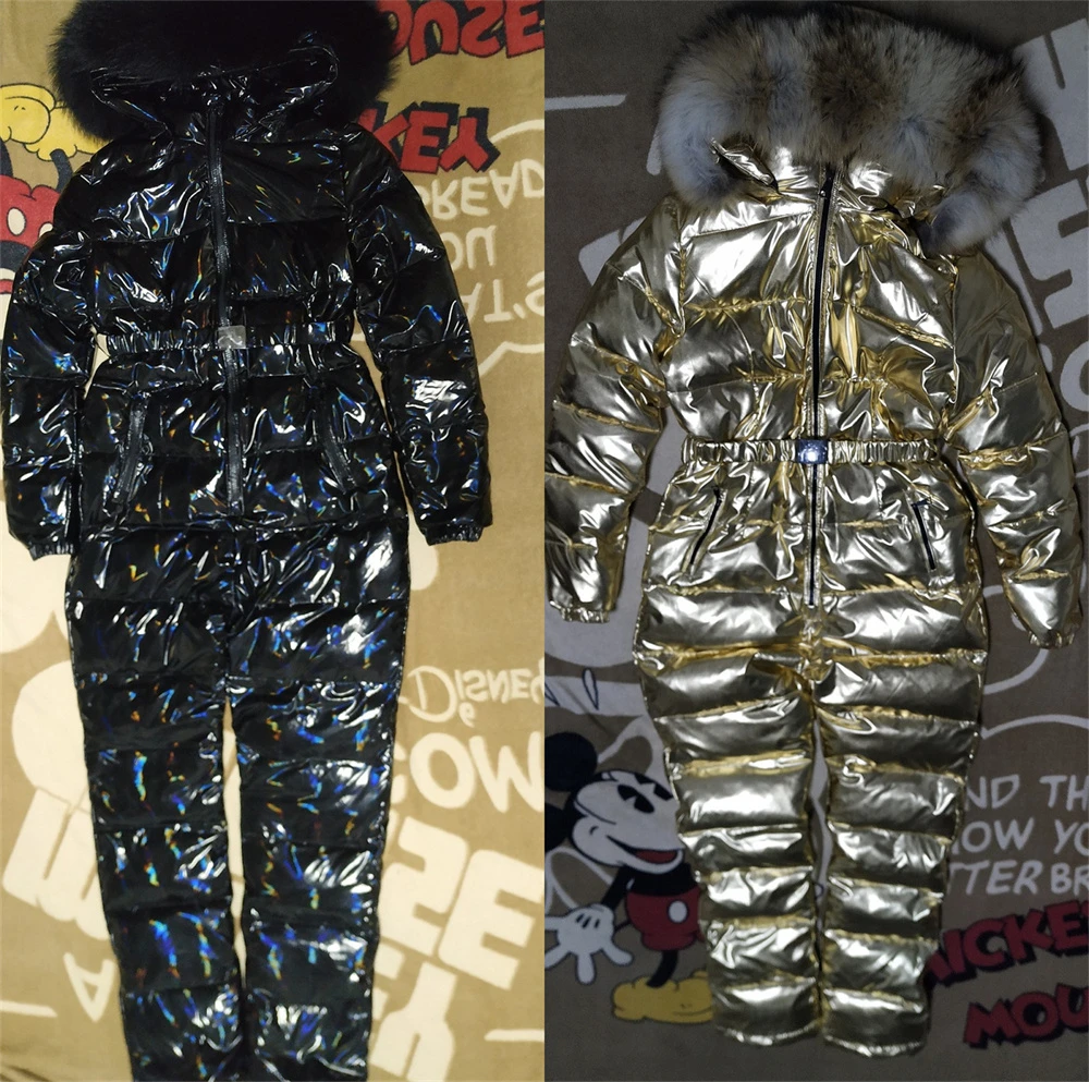 Kadın siyam kayak takım elbise ceket High end açık seti büyük kürk yaka  ördek uzun kaban tulum tulum kış kalın ceket|Şişme Montlar| - AliExpress